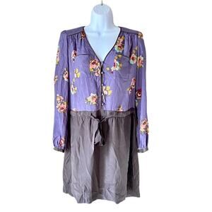 REBECCA TAYLOR Silk Dress Floral Button Front Tie Waist Purple Brown Yellow 2